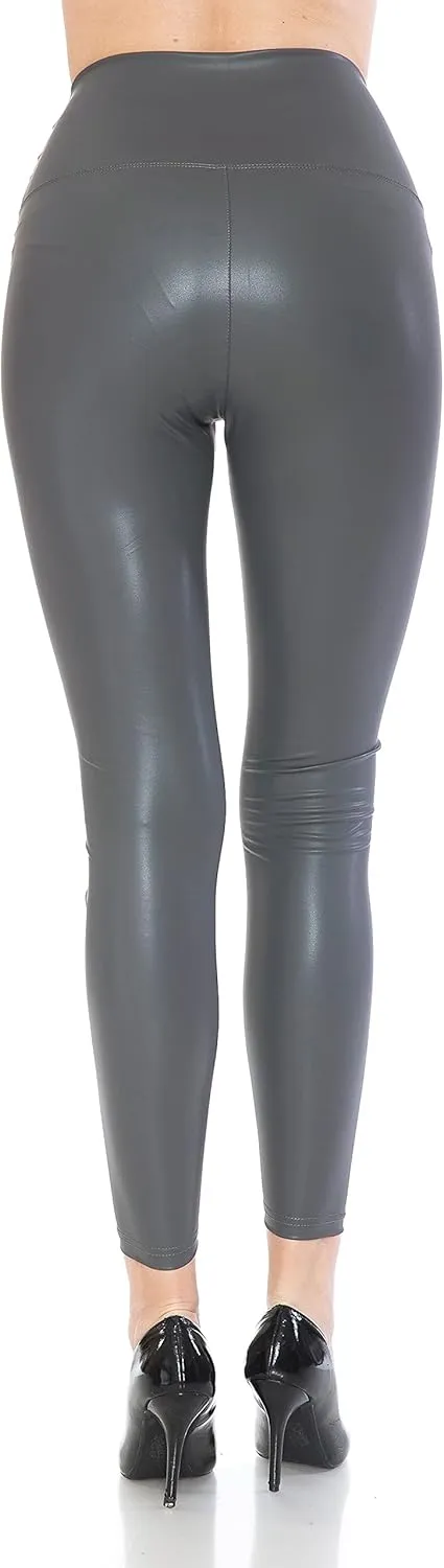 Leggings Depot Women's High Waist Comfy Faux Leather Leggings Tights Stretchy Pleather Pants