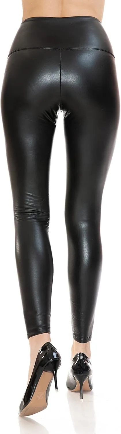 Leggings Depot Women's High Waist Comfy Faux Leather Leggings Tights Stretchy Pleather Pants
