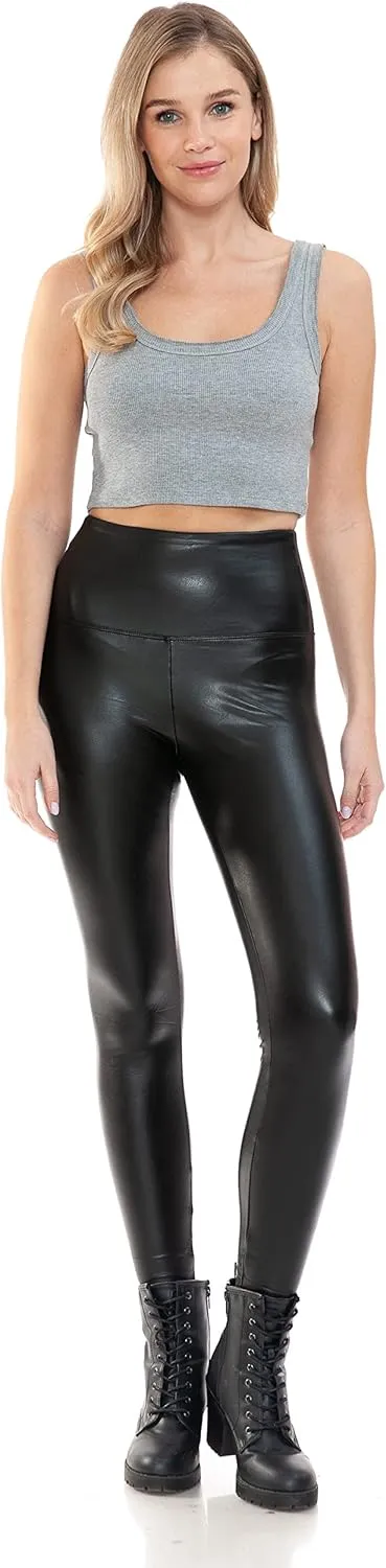 Leggings Depot Women's High Waist Comfy Faux Leather Leggings Tights Stretchy Pleather Pants