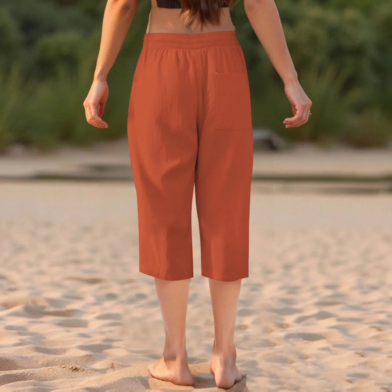 Linen Capri Pants for Women Cotton Lounge Summer Capris Drawstring High Waist Pant Wide Leg Cropped Trousers