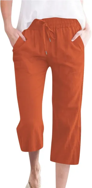 Linen Capri Pants for Women Cotton Lounge Summer Capris Drawstring High Waist Pant Wide Leg Cropped Trousers