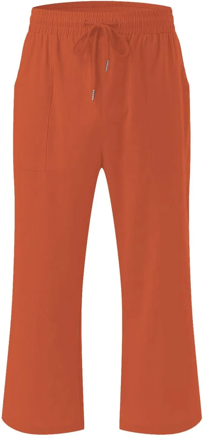 Linen Capri Pants for Women Cotton Lounge Summer Capris Drawstring High Waist Pant Wide Leg Cropped Trousers