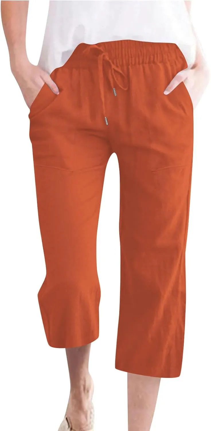 Linen Capri Pants for Women Cotton Lounge Summer Capris Drawstring High Waist Pant Wide Leg Cropped Trousers