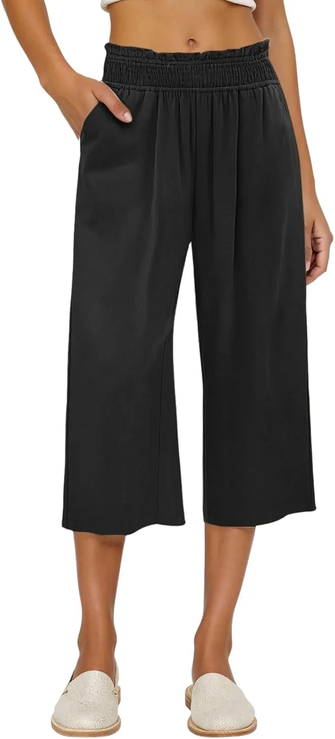 Linen Capri Pants for Women Summer Casual Elastic High Waist Cropped Pants Resort Wear Wide Leg Trousers with Pockets