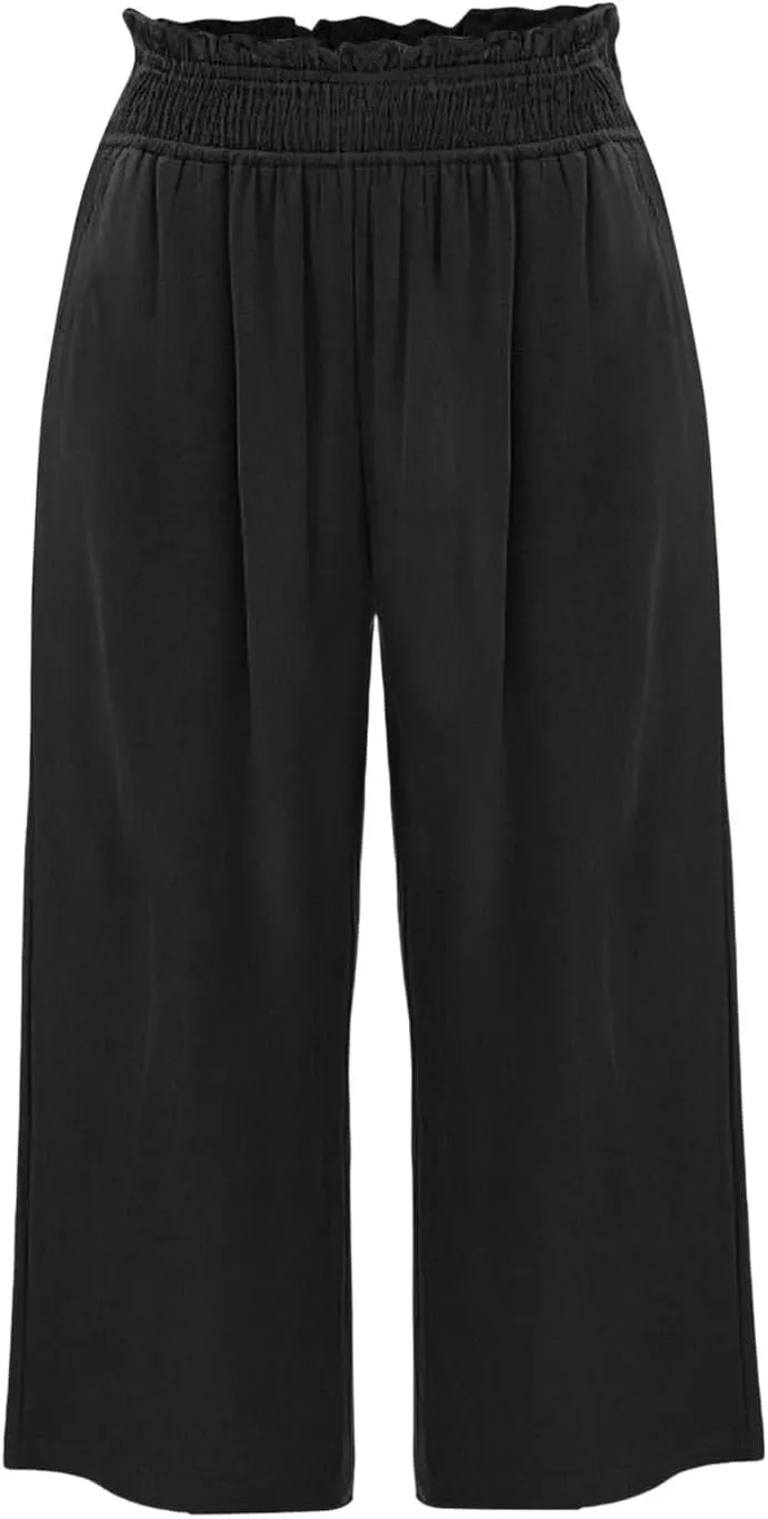 Linen Capri Pants for Women Summer Casual Elastic High Waist Cropped Pants Resort Wear Wide Leg Trousers with Pockets