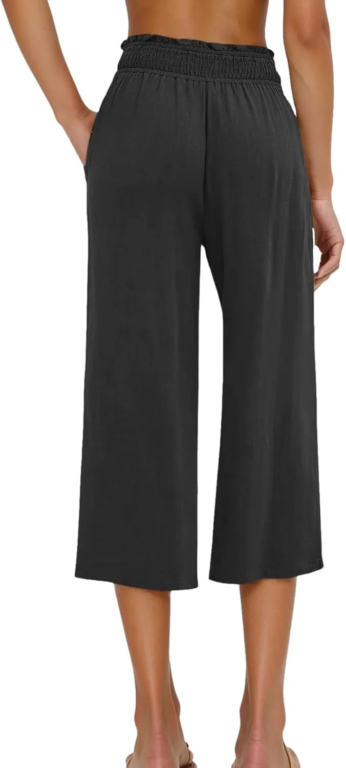 Linen Capri Pants for Women Summer Casual Elastic High Waist Cropped Pants Resort Wear Wide Leg Trousers with Pockets