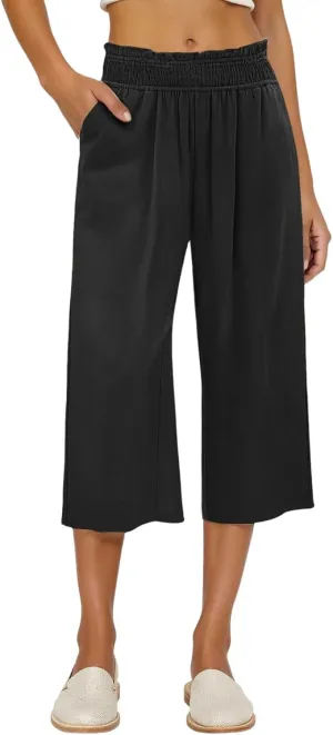 Linen Capri Pants for Women Summer Casual Elastic High Waist Cropped Pants Resort Wear Wide Leg Trousers with Pockets