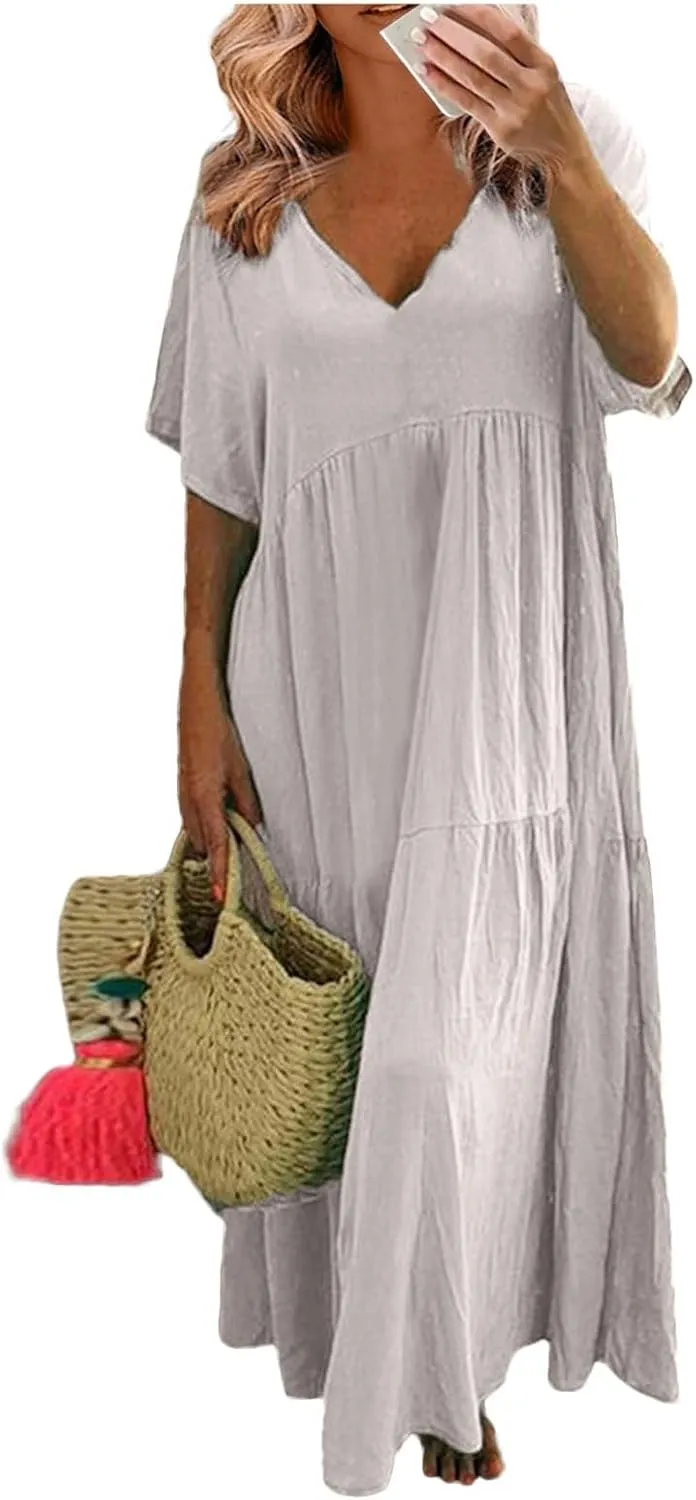 Linen Dresses for Women 2025 Trendy Summer Plus Size Maxi Dress Casual Loose V Neck Boho Flowy Beach Vacation Outfits