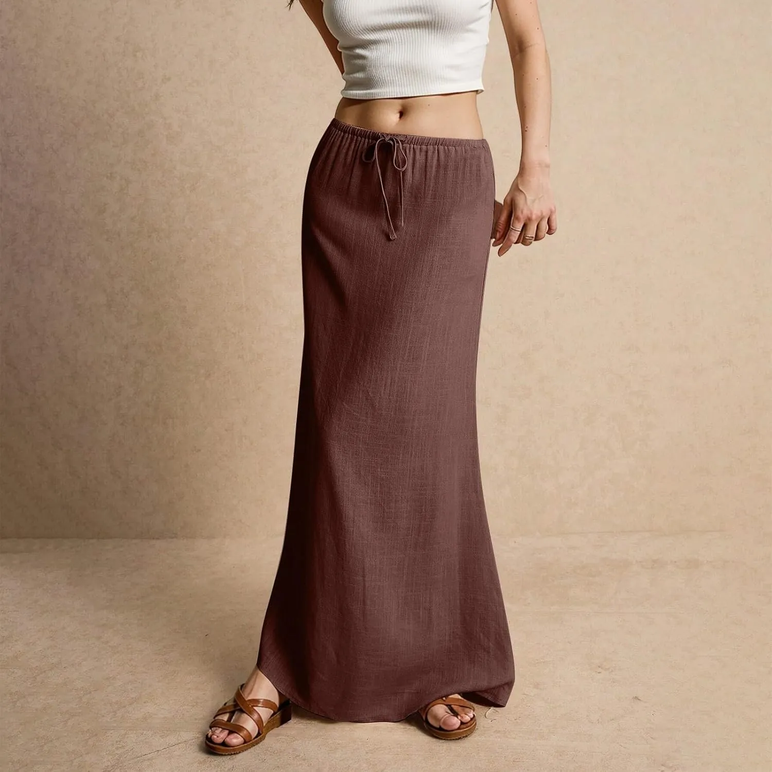 Linen Maxi Skirts for Women Trendy Summer Casual Drawstring Elastic Waist A Line Skirt Boho Beach Long Flowy Skirt