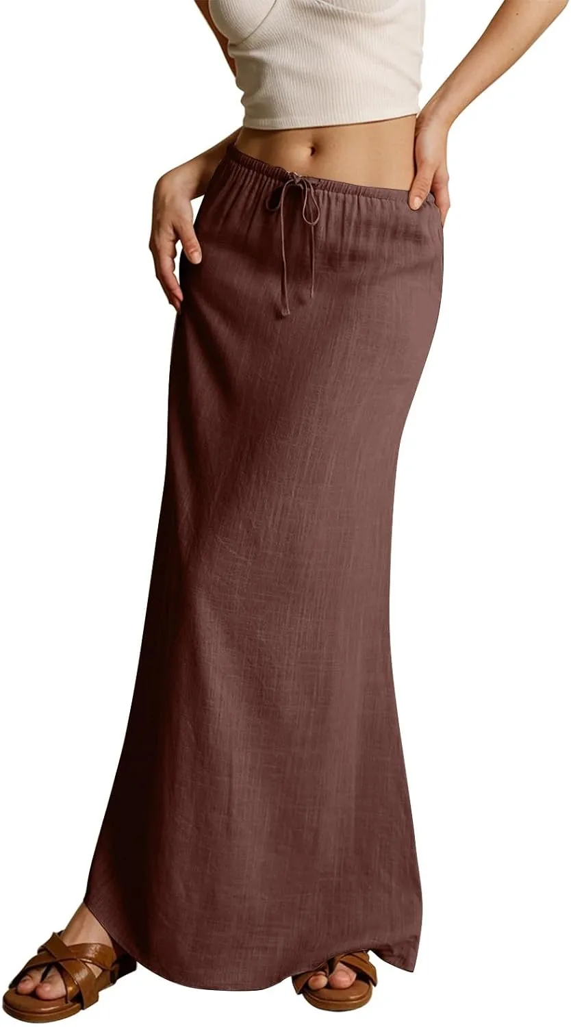 Linen Maxi Skirts for Women Trendy Summer Casual Drawstring Elastic Waist A Line Skirt Boho Beach Long Flowy Skirt