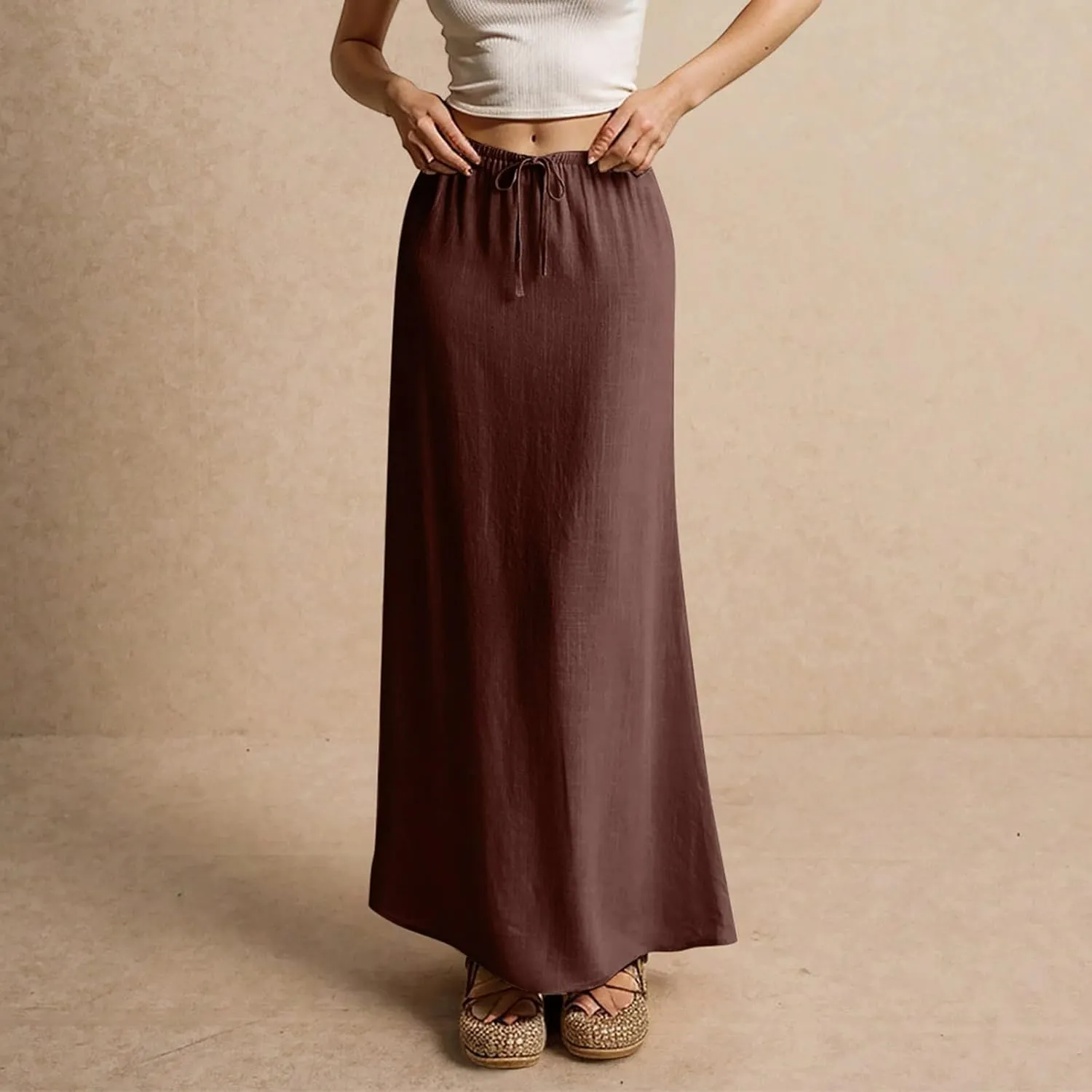 Linen Maxi Skirts for Women Trendy Summer Casual Drawstring Elastic Waist A Line Skirt Boho Beach Long Flowy Skirt