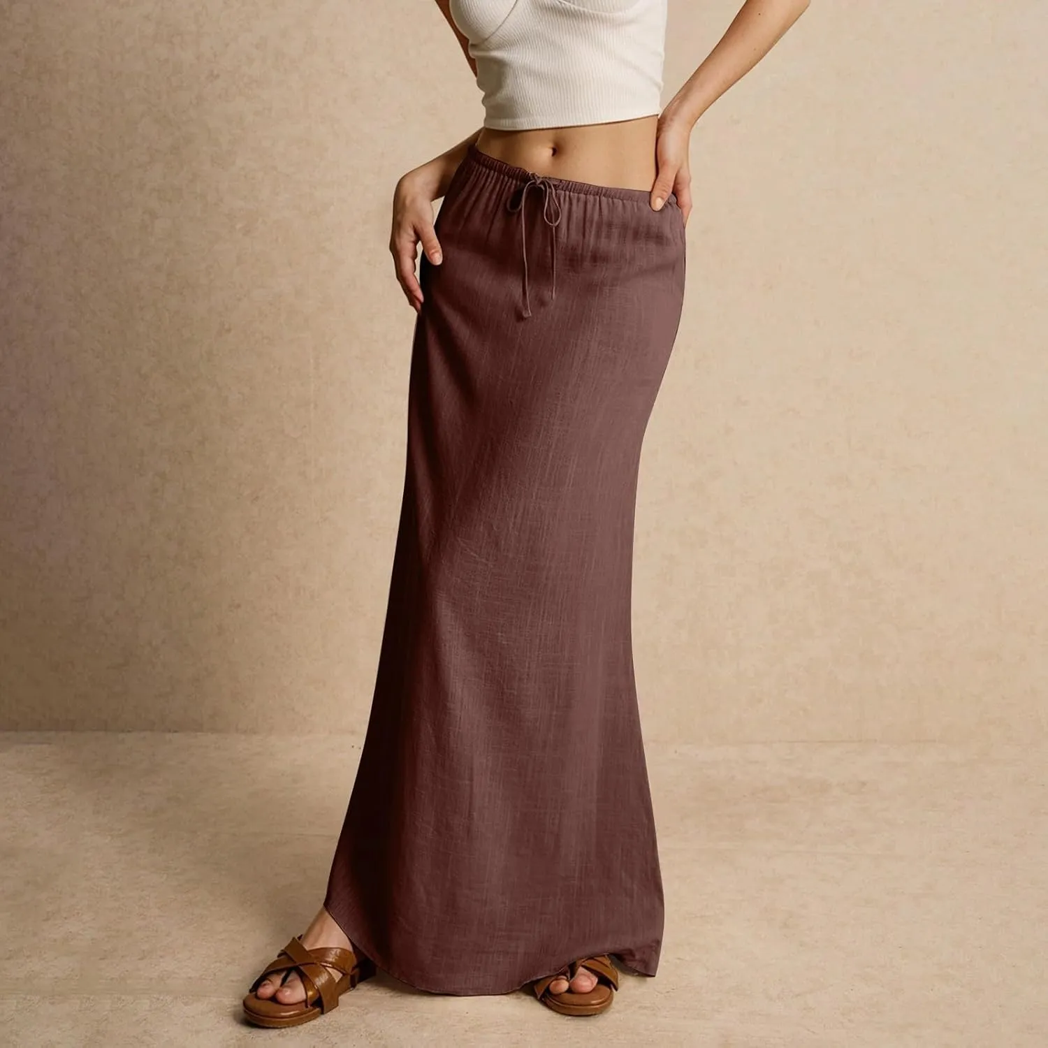 Linen Maxi Skirts for Women Trendy Summer Casual Drawstring Elastic Waist A Line Skirt Boho Beach Long Flowy Skirt