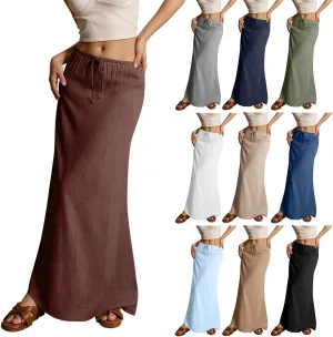 Linen Maxi Skirts for Women Trendy Summer Casual Drawstring Elastic Waist A Line Skirt Boho Beach Long Flowy Skirt