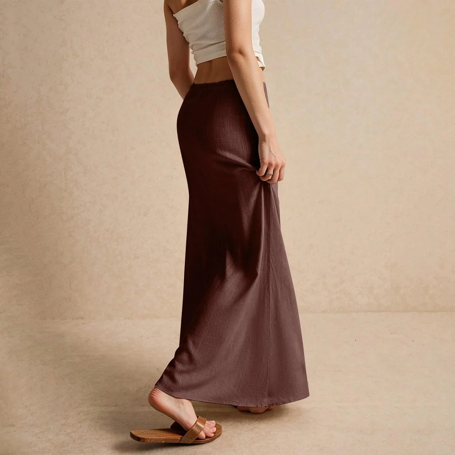 Linen Maxi Skirts for Women Trendy Summer Casual Drawstring Elastic Waist A Line Skirt Boho Beach Long Flowy Skirt