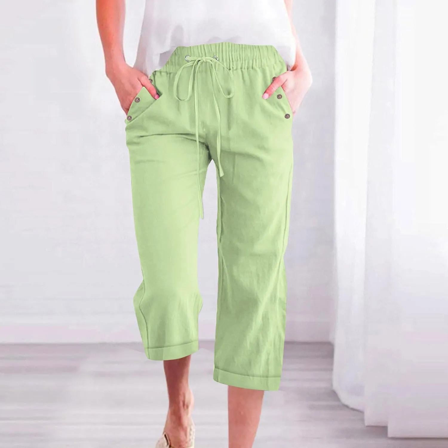 Linen Pants for Women 2025 Summer Casual Tie Knot Elastic High Waist Capri Pants Plus Size Wide Leg Lounge Capris