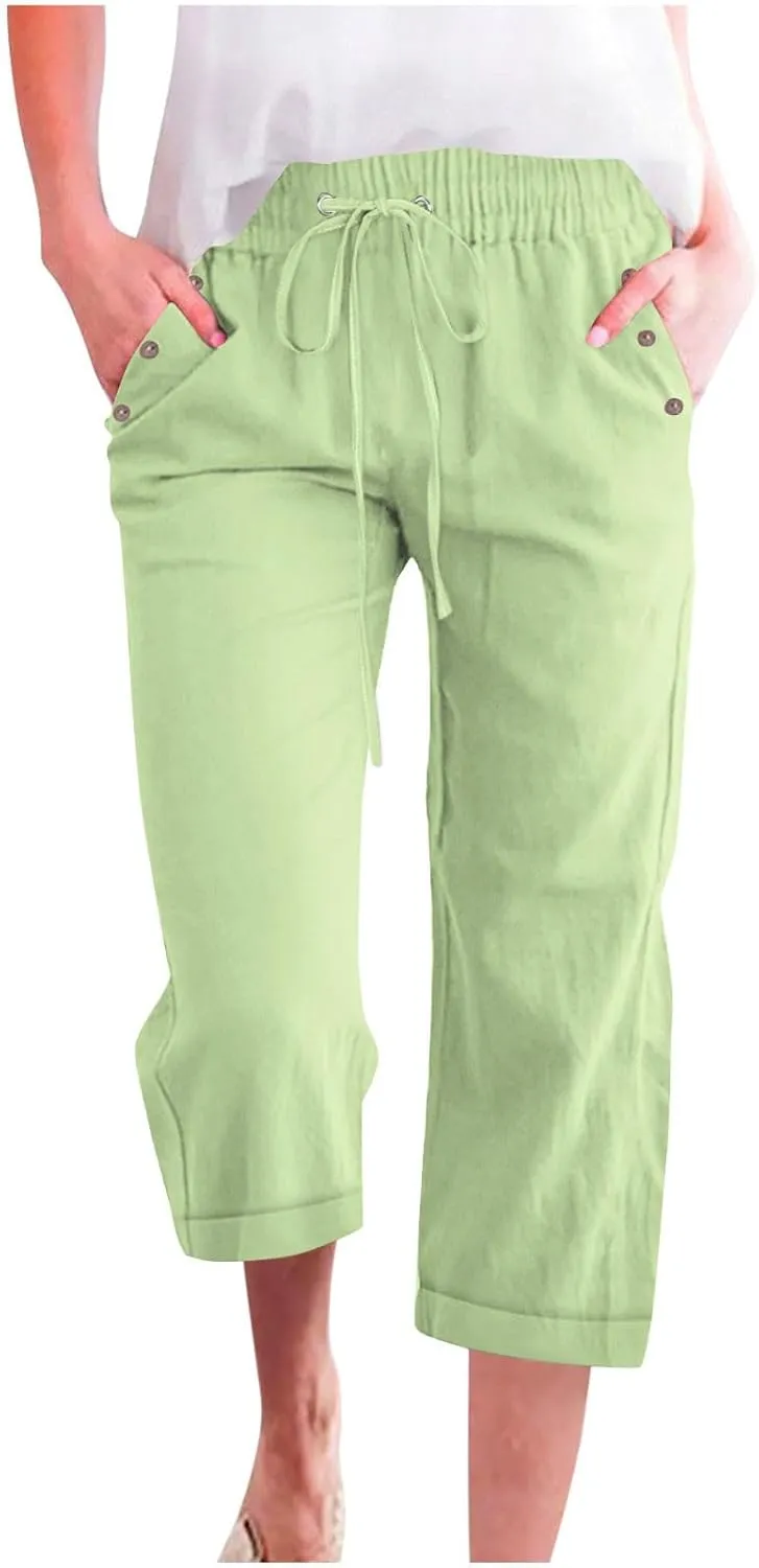 Linen Pants for Women 2025 Summer Casual Tie Knot Elastic High Waist Capri Pants Plus Size Wide Leg Lounge Capris