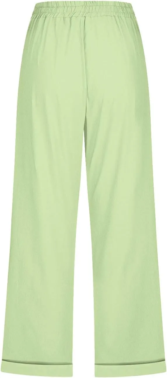Linen Pants for Women 2025 Summer Casual Tie Knot Elastic High Waist Capri Pants Plus Size Wide Leg Lounge Capris