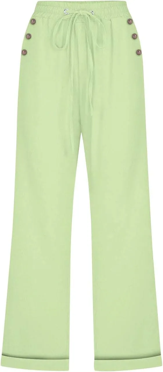 Linen Pants for Women 2025 Summer Casual Tie Knot Elastic High Waist Capri Pants Plus Size Wide Leg Lounge Capris
