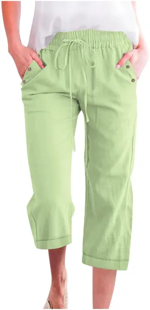 Linen Pants for Women 2025 Summer Casual Tie Knot Elastic High Waist Capri Pants Plus Size Wide Leg Lounge Capris