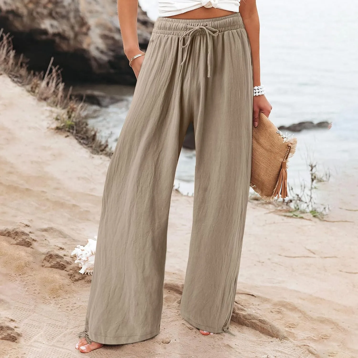 Linen Pants for Women Summer High Waisted Wide Leg Pants Casual Elastic Waist Palazzo Pants Beach Pants with Pockets
