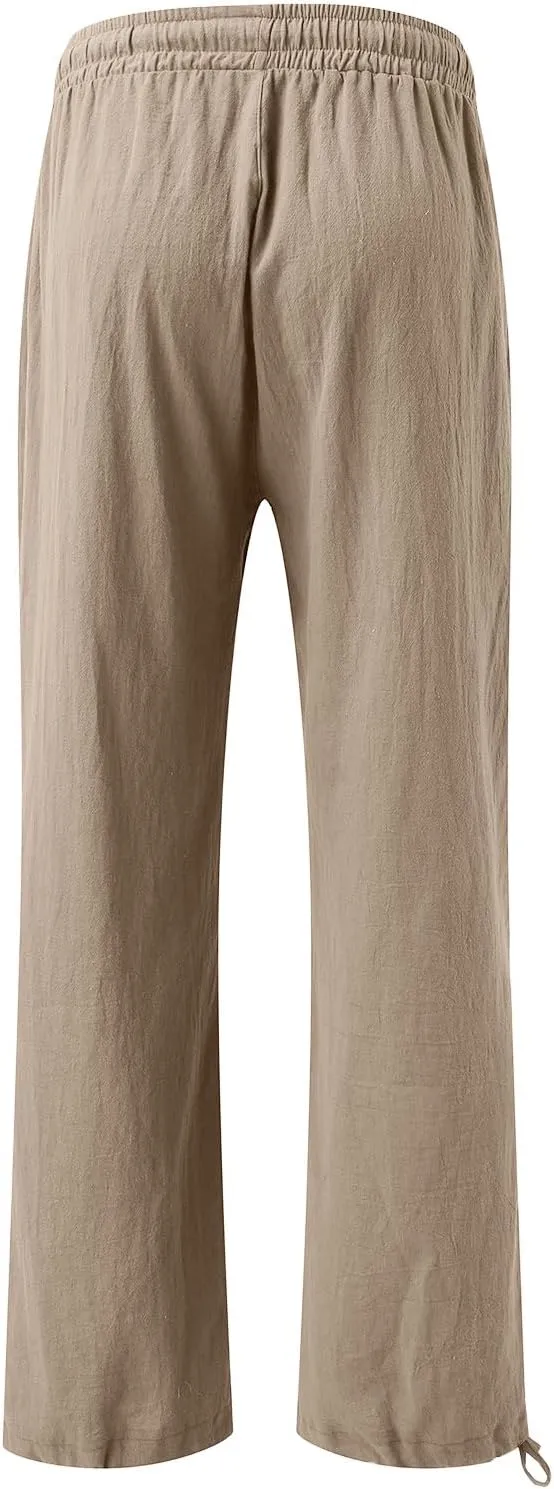 Linen Pants for Women Summer High Waisted Wide Leg Pants Casual Elastic Waist Palazzo Pants Beach Pants with Pockets
