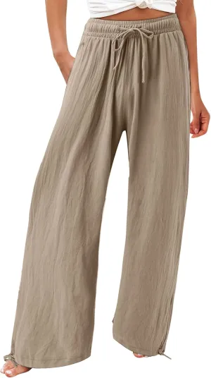 Linen Pants for Women Summer High Waisted Wide Leg Pants Casual Elastic Waist Palazzo Pants Beach Pants with Pockets