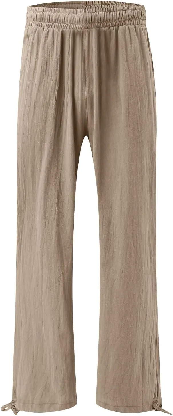 Linen Pants for Women Summer High Waisted Wide Leg Pants Casual Elastic Waist Palazzo Pants Beach Pants with Pockets