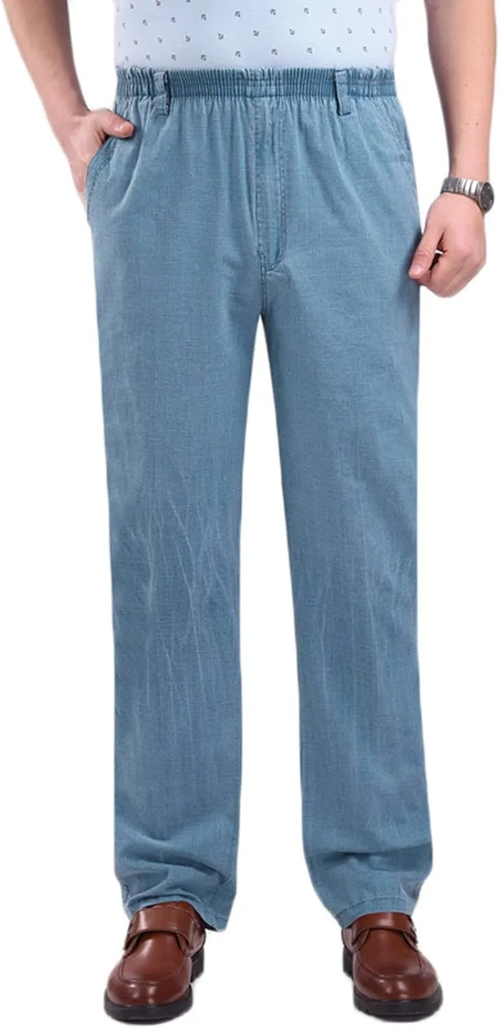 Linen Pants Men Big and Tall Elastic Waist Straight Wide Leg Baggy Trousers Plus Size Lightweight Slim Fit Casual Pants