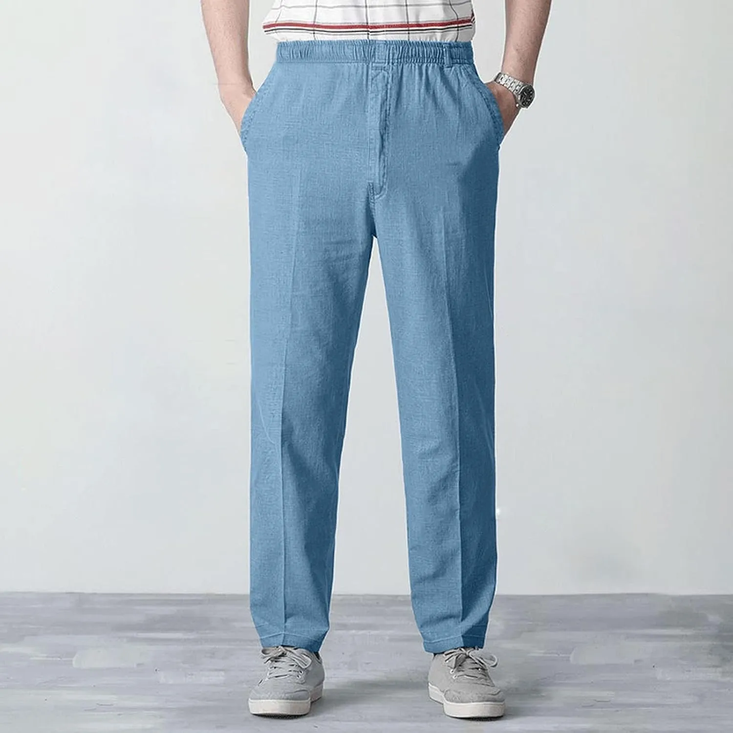 Linen Pants Men Big and Tall Elastic Waist Straight Wide Leg Baggy Trousers Plus Size Lightweight Slim Fit Casual Pants
