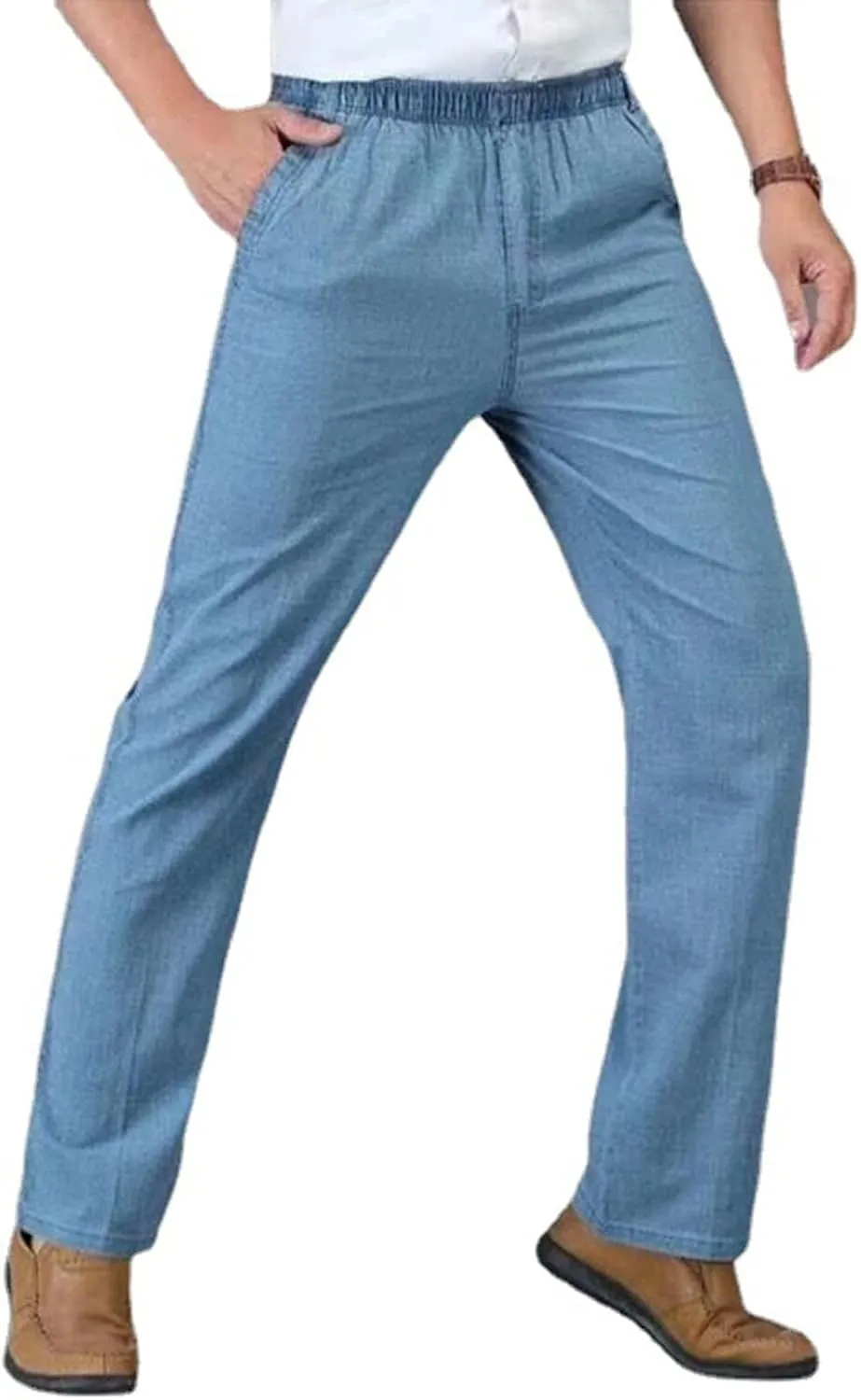 Linen Pants Men Big and Tall Elastic Waist Straight Wide Leg Baggy Trousers Plus Size Lightweight Slim Fit Casual Pants
