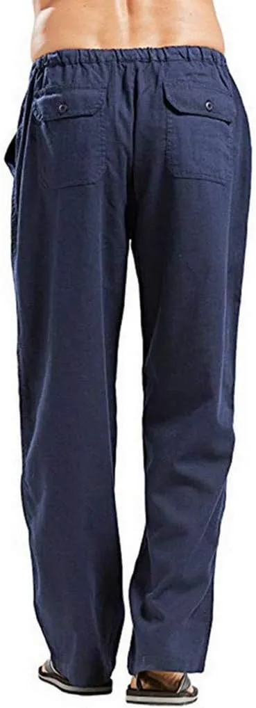 Linen Pants Men Big Tall Casual Cotton Yoga Pants with Pockets Drawstring Elastic Waist Straight-Leg Lightweight Trousers