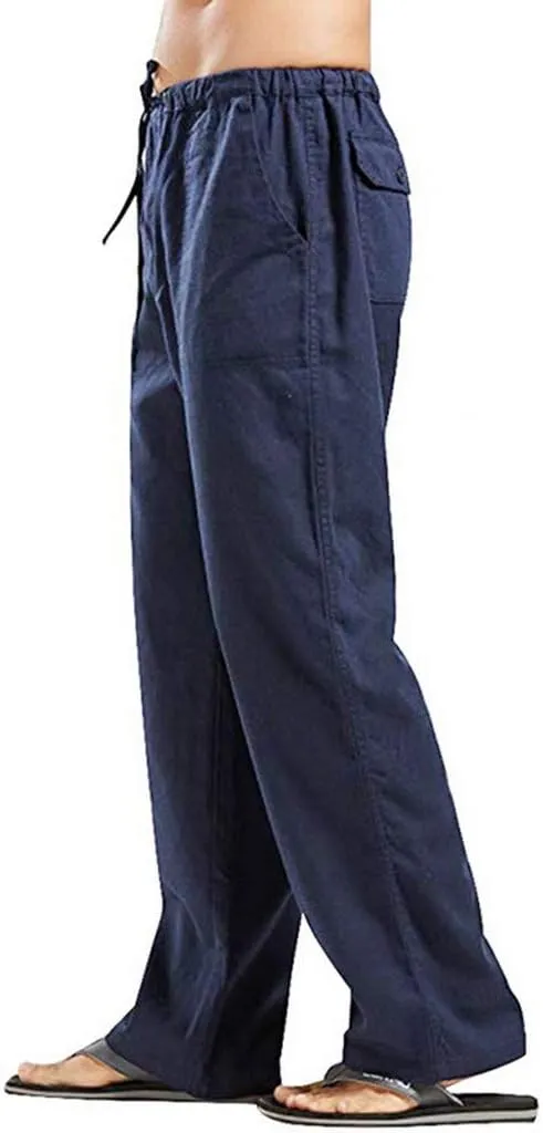 Linen Pants Men Big Tall Casual Cotton Yoga Pants with Pockets Drawstring Elastic Waist Straight-Leg Lightweight Trousers