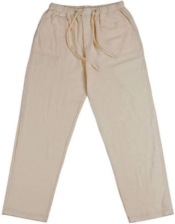 Linen Pants Men Big Tall Casual Cotton Yoga Pants with Pockets Drawstring Elastic Waist Straight-Leg Lightweight Trousers