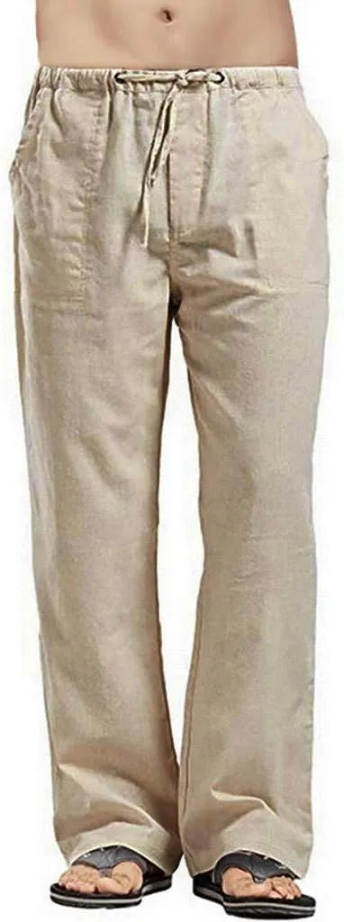 Linen Pants Men Big Tall Casual Cotton Yoga Pants with Pockets Drawstring Elastic Waist Straight-Leg Lightweight Trousers