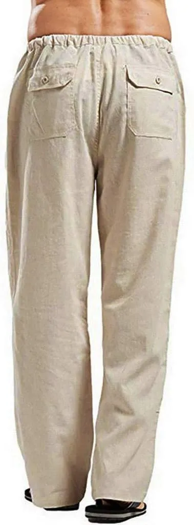 Linen Pants Men Big Tall Casual Cotton Yoga Pants with Pockets Drawstring Elastic Waist Straight-Leg Lightweight Trousers