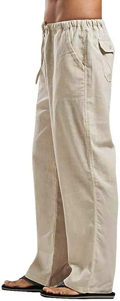 Linen Pants Men Big Tall Casual Cotton Yoga Pants with Pockets Drawstring Elastic Waist Straight-Leg Lightweight Trousers