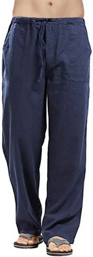Linen Pants Men Big Tall Casual Cotton Yoga Pants with Pockets Drawstring Elastic Waist Straight-Leg Lightweight Trousers