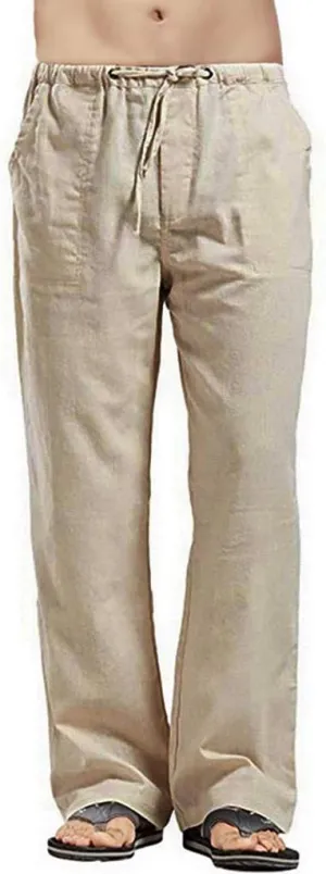 Linen Pants Men Big Tall Casual Cotton Yoga Pants with Pockets Drawstring Elastic Waist Straight-Leg Lightweight Trousers