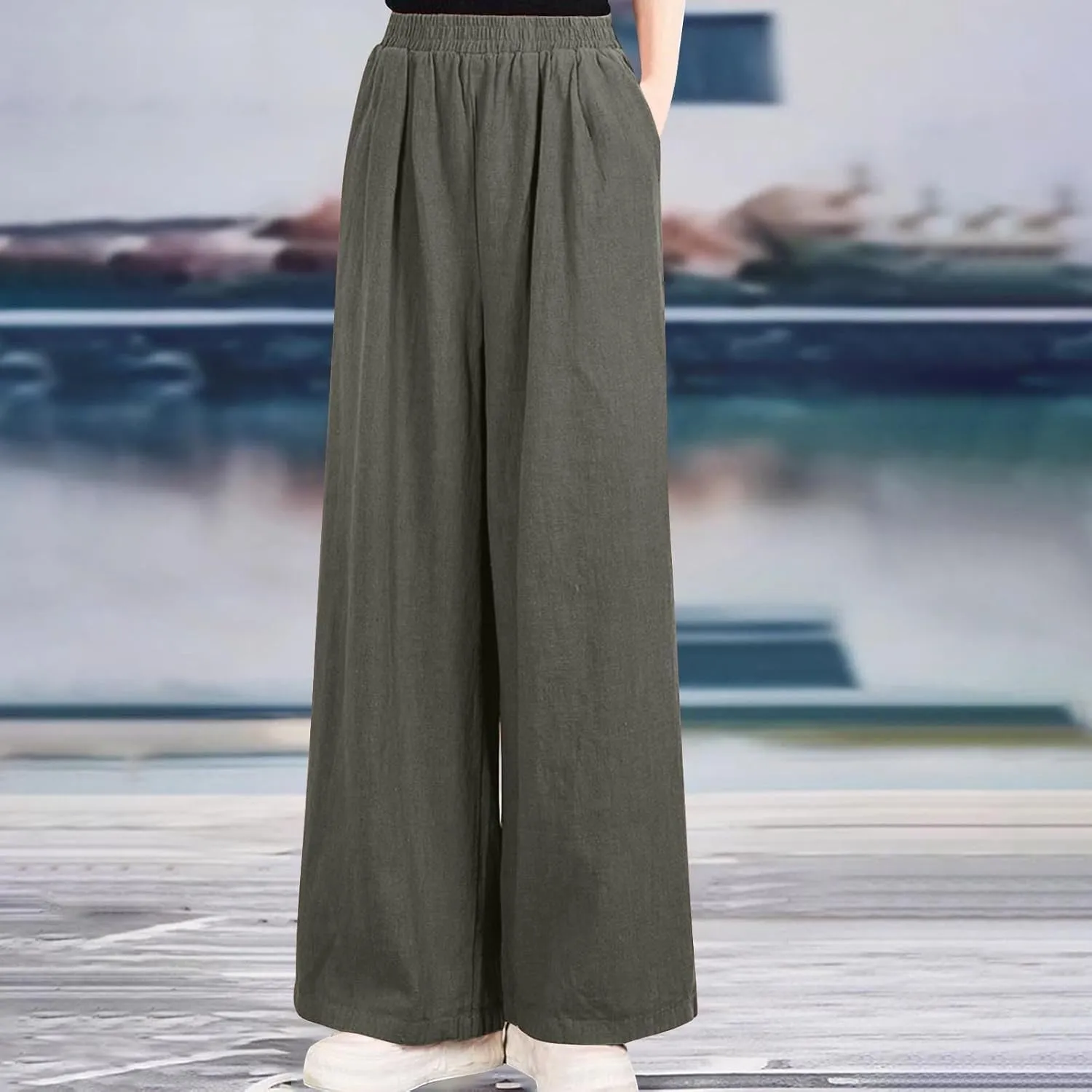 Linen Pants Women Wide Leg High Waist Elastic Pants Casual Summer Beach Comfy Palazzo for Home Workwear Trousers
