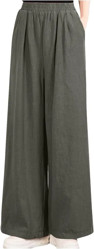 Linen Pants Women Wide Leg High Waist Elastic Pants Casual Summer Beach Comfy Palazzo for Home Workwear Trousers
