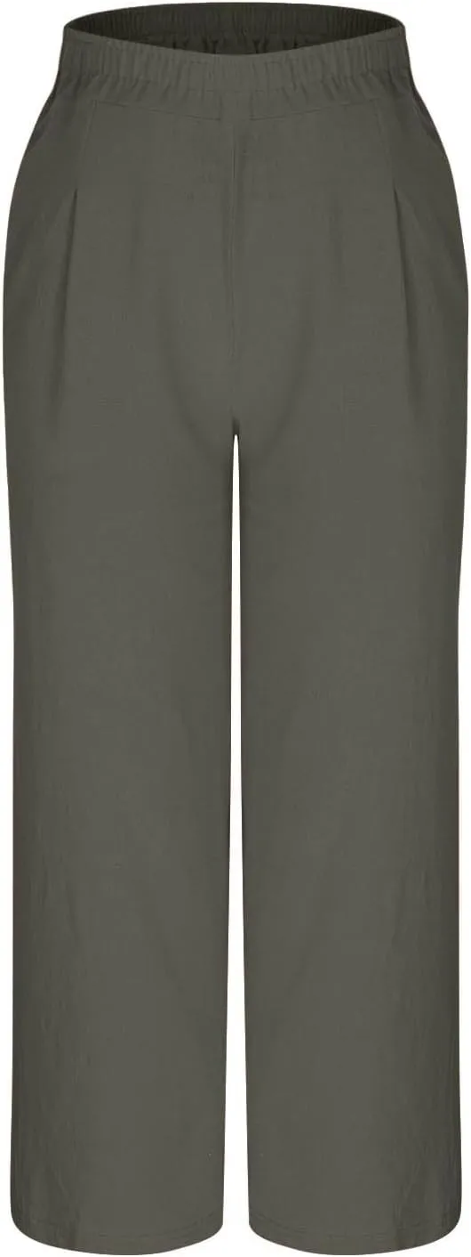 Linen Pants Women Wide Leg High Waist Elastic Pants Casual Summer Beach Comfy Palazzo for Home Workwear Trousers