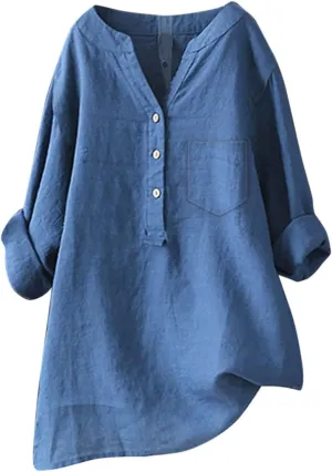 Linen Shirts for Women 3/4 Sleeve V Neck Blouses Buttons Plus Size Loose Fit T-Shirts Solid Color Summer Holiday Tops