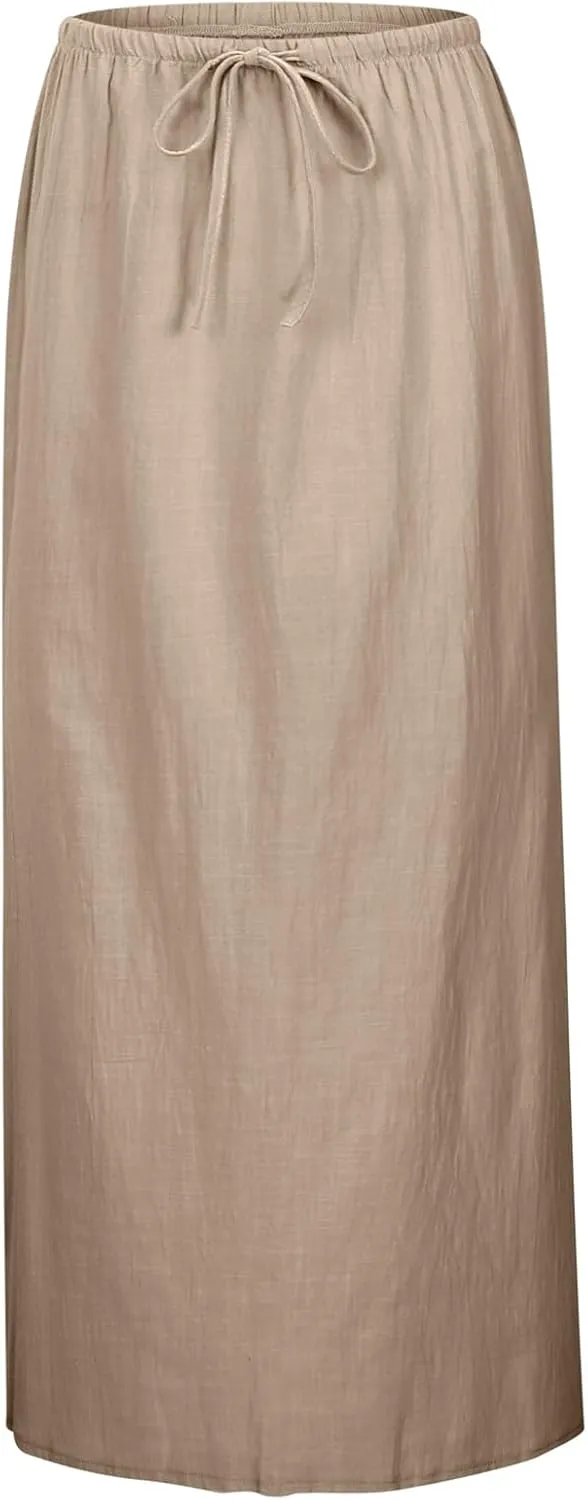 Linen Skirts for Women Summer Drawstring Waist A Line Skirt Cute Vacation Boho Long Flowy Skirts