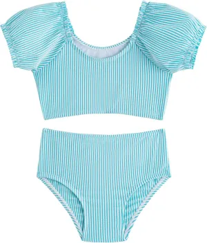 LIZENS Two-Pieces Girls Swimsuit Puff Sleeve Beach Bathing Suit Stripe Bikini Sets