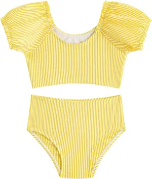 LIZENS Two-Pieces Girls Swimsuit Puff Sleeve Beach Bathing Suit Stripe Bikini Sets