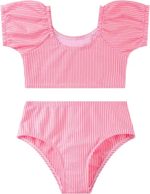 LIZENS Two-Pieces Girls Swimsuit Puff Sleeve Beach Bathing Suit Stripe Bikini Sets