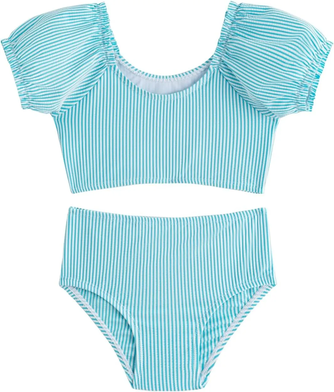 LIZENS Two-Pieces Girls Swimsuit Puff Sleeve Beach Bathing Suit Stripe Bikini Sets