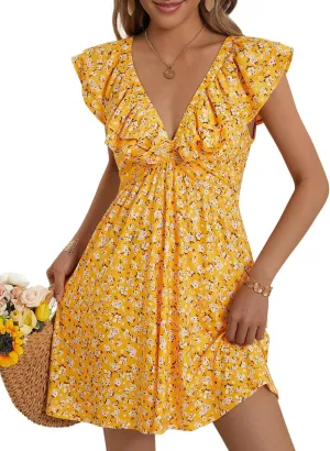 Loemes Sundress Casual Cute Mini Dress Deep V Neck Floral Fuffle Sleeveless Summer Dresses for Women 2025 with Pockets