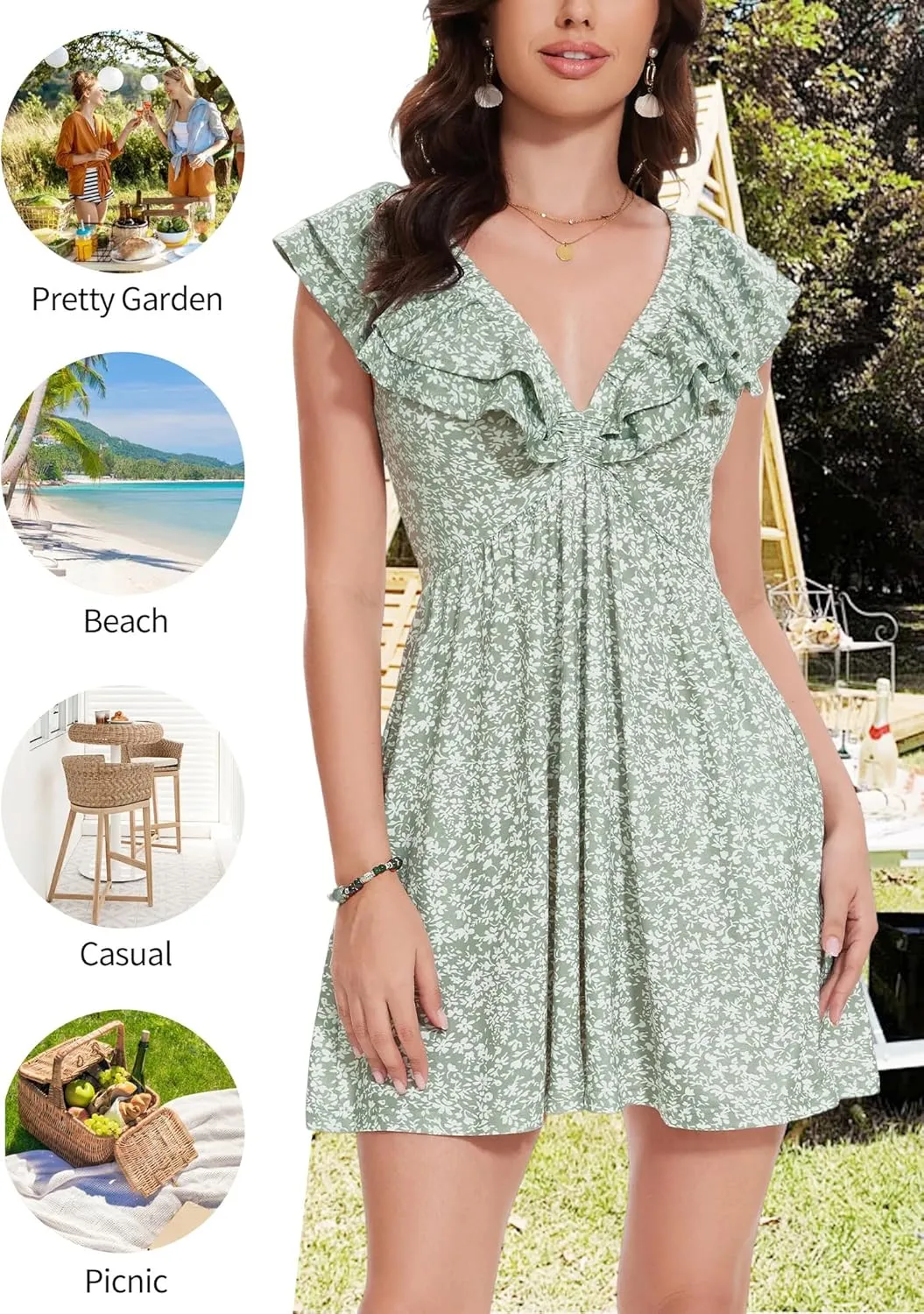Loemes Sundress Casual Cute Mini Dress Deep V Neck Floral Fuffle Sleeveless Summer Dresses for Women 2025 with Pockets