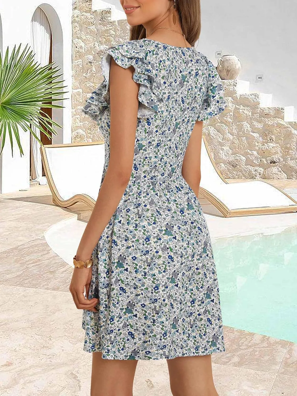 Loemes Sundress Casual Cute Mini Dress Deep V Neck Floral Fuffle Sleeveless Summer Dresses for Women 2025 with Pockets